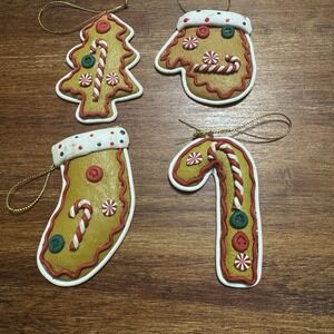 Set Of‎ 4 Christmas Ornaments Handmade Soft Clay - Stocking, Candy Cane, Tree